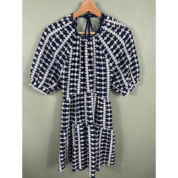 Maje Women's Size 34 Navy Woven Embroidered Frills Round Neck Trapeze Mini Dress - Picture 11 of 13